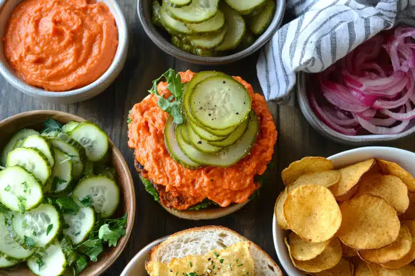 A colorful spread featuring a sandwich topped with pickles and orange spread, alongside various sides including cucumbers, chips, and pickled onions.