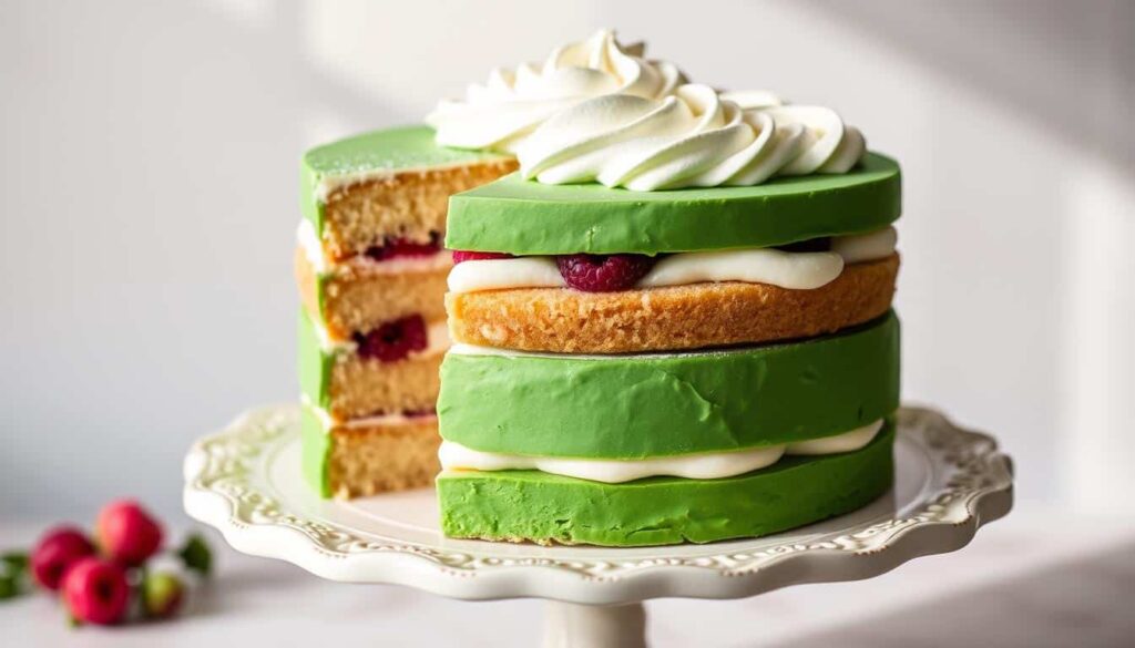 Close-up of a baker assembling a Princess Cake, spreading whipped cream onto the sponge layers in a rustic kitchen setting.