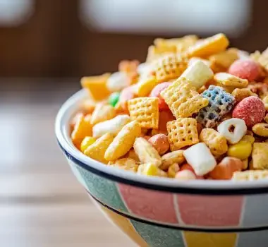 A colorful bowl filled with various cereal pieces and snack mixes.