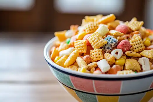 A colorful bowl filled with various cereal pieces and snack mixes.