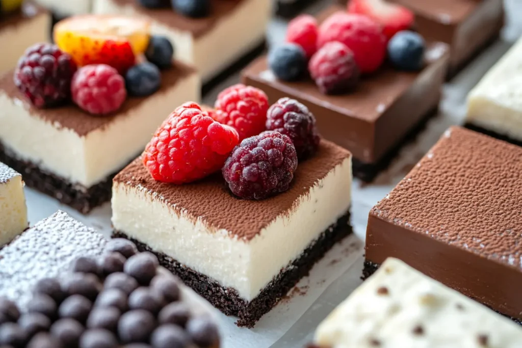 A close-up view of several rectangular slices of kefir sheet cake arranged neatly on a serving platter. Each piece is adorned with different toppings, including a light dusting of cocoa powder, bright red strawberries, plump blueberries, and a dollop of whipped cream, highlighting the variety of flavors and textures.