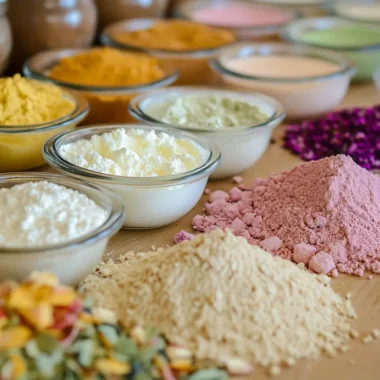 A variety of colorful powdered ingredients presented in small glass bowls and mounds on a wooden surface.