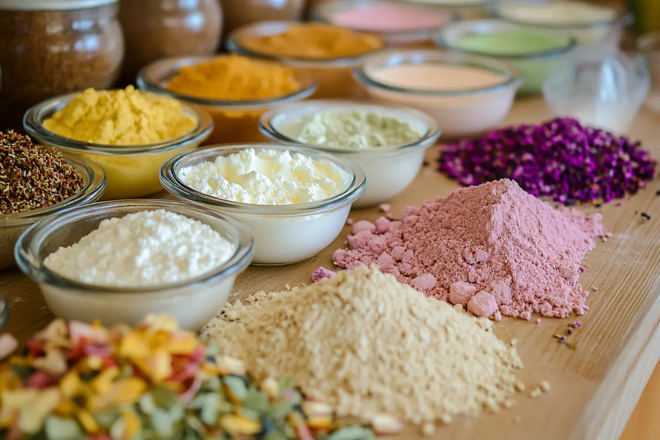 A variety of colorful powdered ingredients presented in small glass bowls and mounds on a wooden surface.