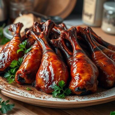 A plate of glazed chicken drumsticks garnished with fresh herbs.