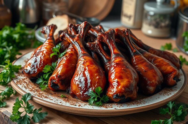 A plate of glazed chicken drumsticks garnished with fresh herbs.