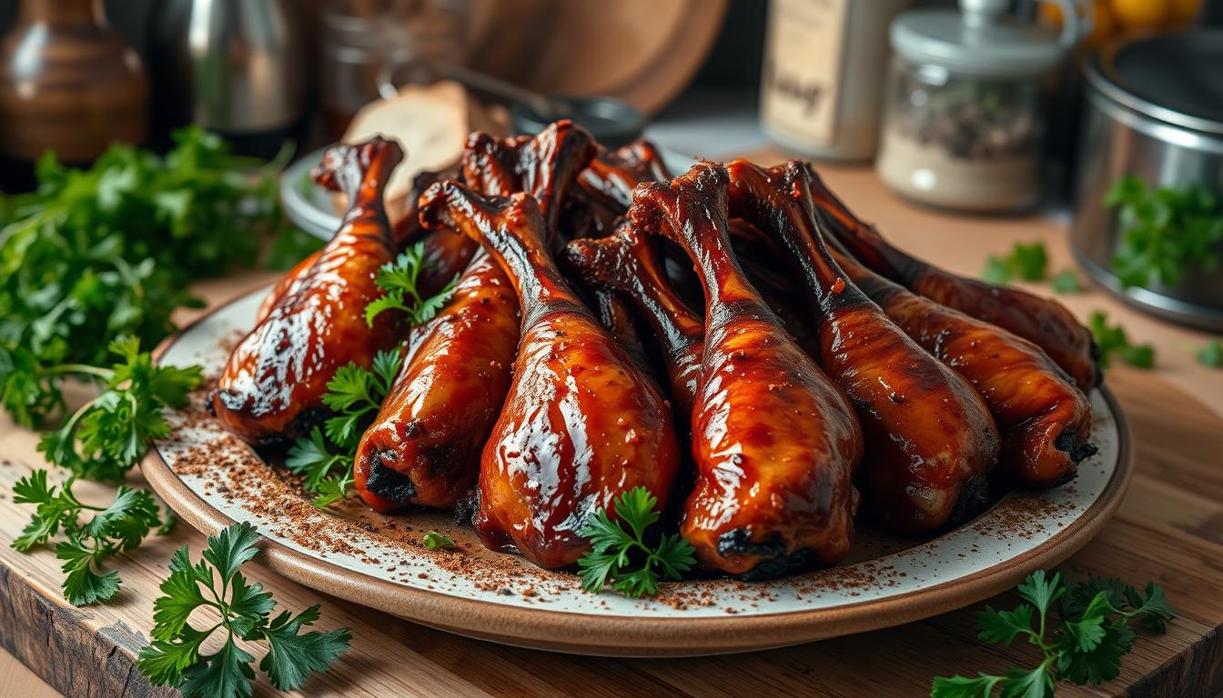 A plate of glazed chicken drumsticks garnished with fresh herbs.