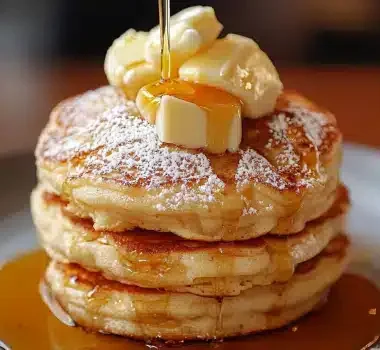 A stack of three fluffy pancakes topped with butter and syrup on a plate.
