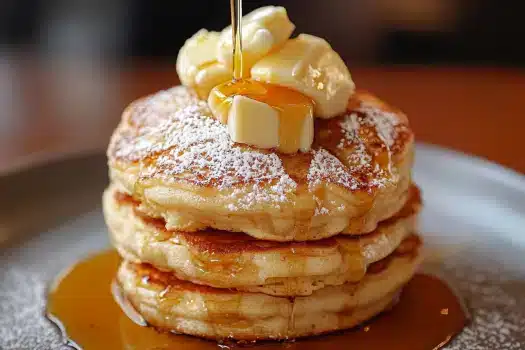 A stack of three fluffy pancakes topped with butter and syrup on a plate.