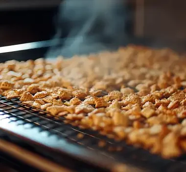 How do you make Chex Mix not soggy. A wire rack holds freshly baked snacks releasing steam in a kitchen setting.