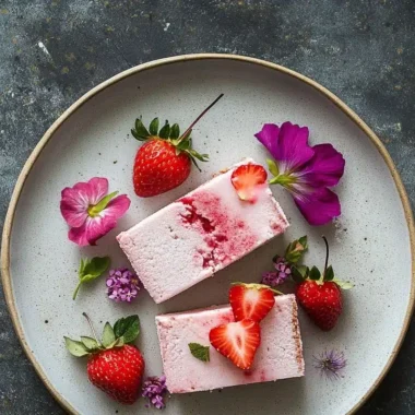 A beautifully arranged plate featuring pink dessert slices, strawberries, and edible flowers.