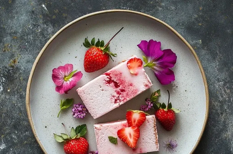 A beautifully arranged plate featuring pink dessert slices, strawberries, and edible flowers.