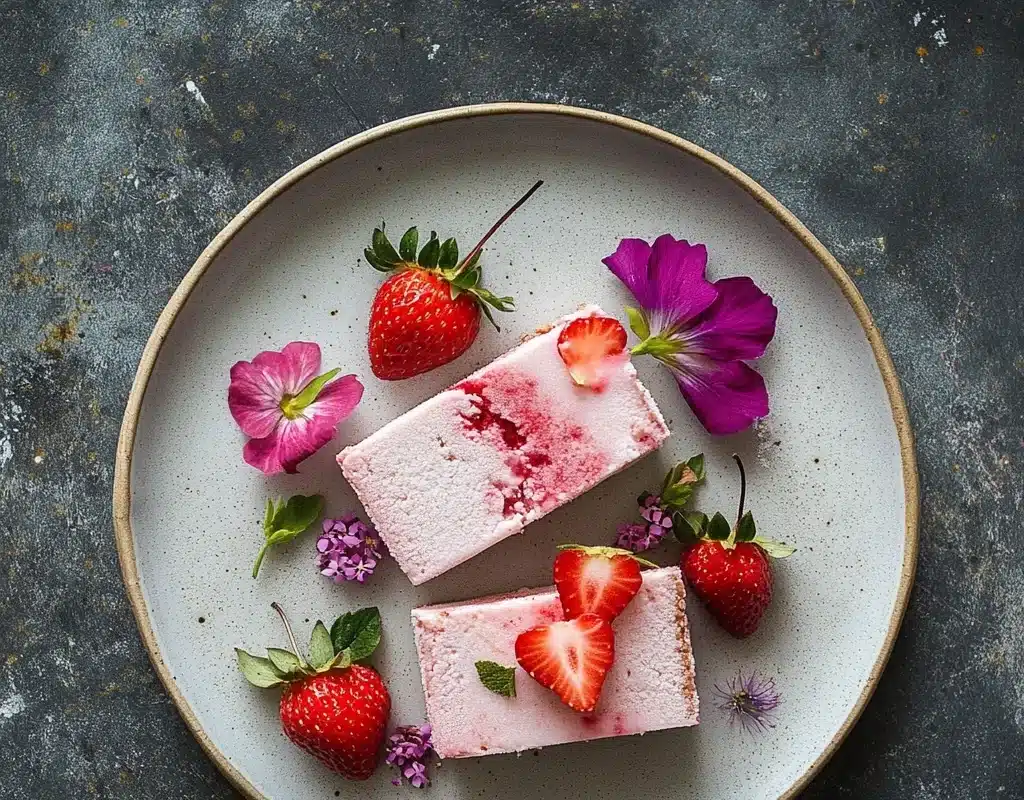 A beautifully arranged plate featuring pink dessert slices, strawberries, and edible flowers.