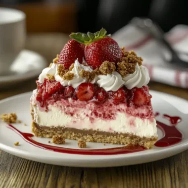 A slice of strawberry cheesecake topped with whipped cream, strawberries, and cookie crumbs sits on a white plate.