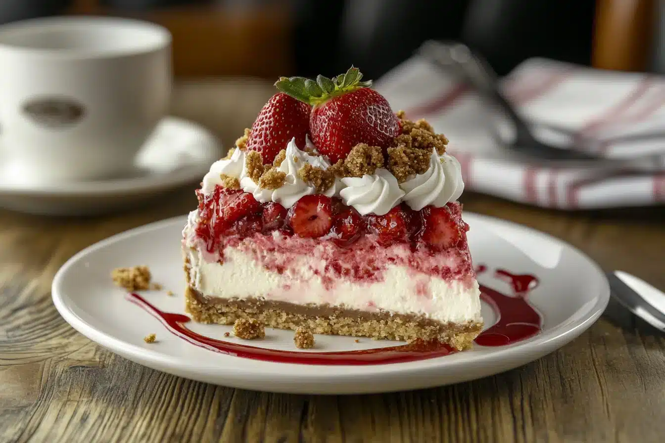 A slice of strawberry cheesecake topped with whipped cream, strawberries, and cookie crumbs sits on a white plate.