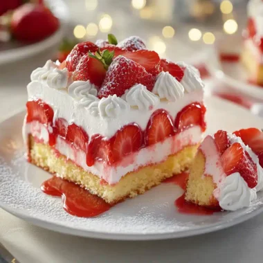 A delicious layered strawberry shortcake topped with whipped cream and fresh strawberries.