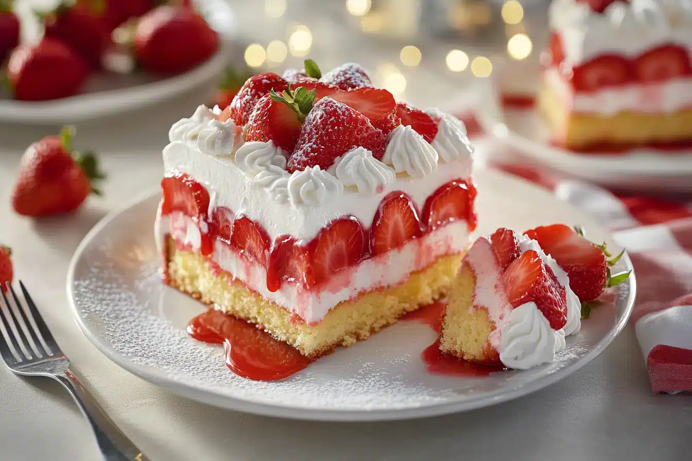 A delicious layered strawberry shortcake topped with whipped cream and fresh strawberries.