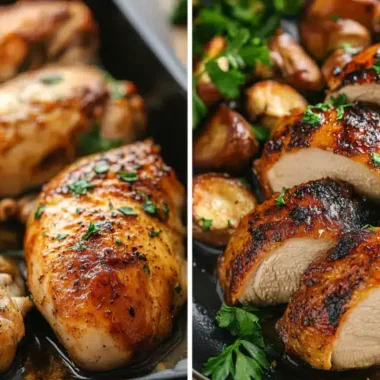 Two plated dishes of roasted chicken, one on the left and sliced portions on the right, garnished with herbs.
