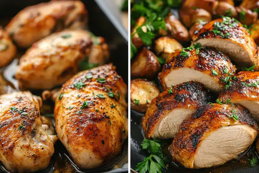 Two plated dishes of roasted chicken, one on the left and sliced portions on the right, garnished with herbs.