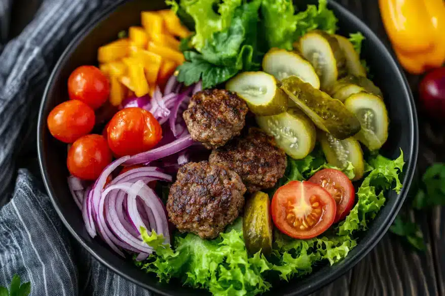 Close-up of a burger bowl showing char-grilled patty and fresh veggies.