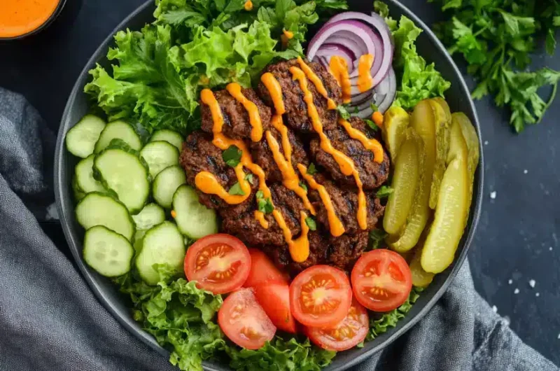 A vibrant salad bowl filled with lettuce, cucumbers, tomatoes, pickles, and seasoned meat drizzled with orange sauce.
