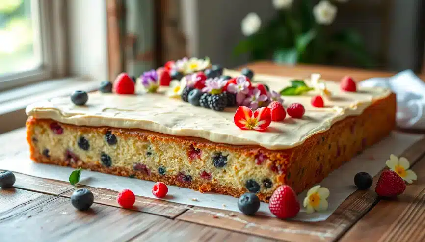 Close-up of a moist kefir sheet cake on a wooden serving tray, garnished with fresh berries and a sprig of mint.