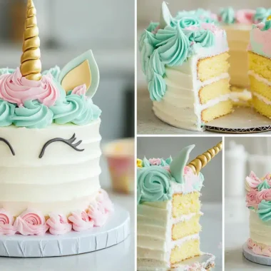 A unicorn cake decorated with pastel frosting and fondant details.