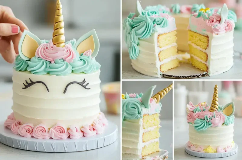 A unicorn cake decorated with pastel frosting and fondant details.