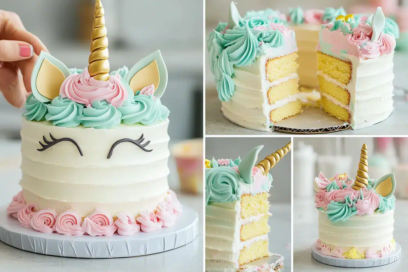 A unicorn cake decorated with pastel frosting and fondant details.