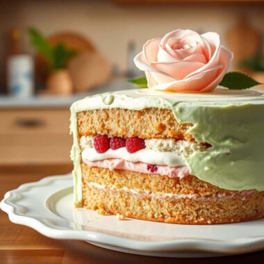 A beautifully decorated layered cake with a rose on top sits on a white platter in a kitchen setting.