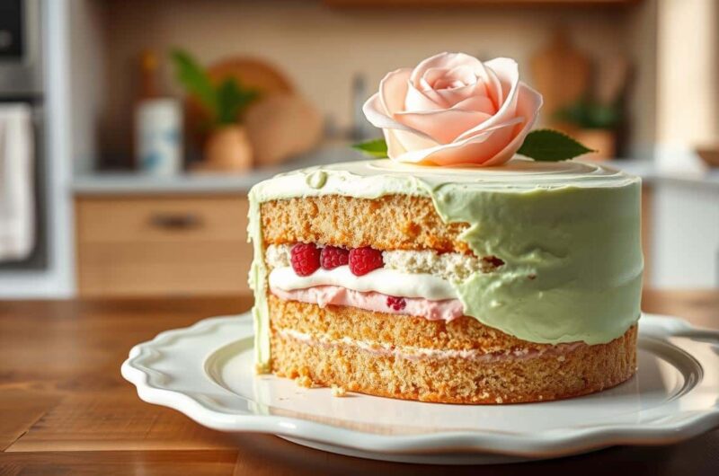 A beautifully decorated layered cake with a rose on top sits on a white platter in a kitchen setting.