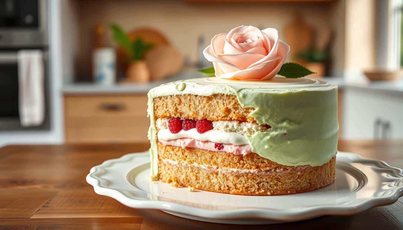 A beautifully decorated layered cake with a rose on top sits on a white platter in a kitchen setting.