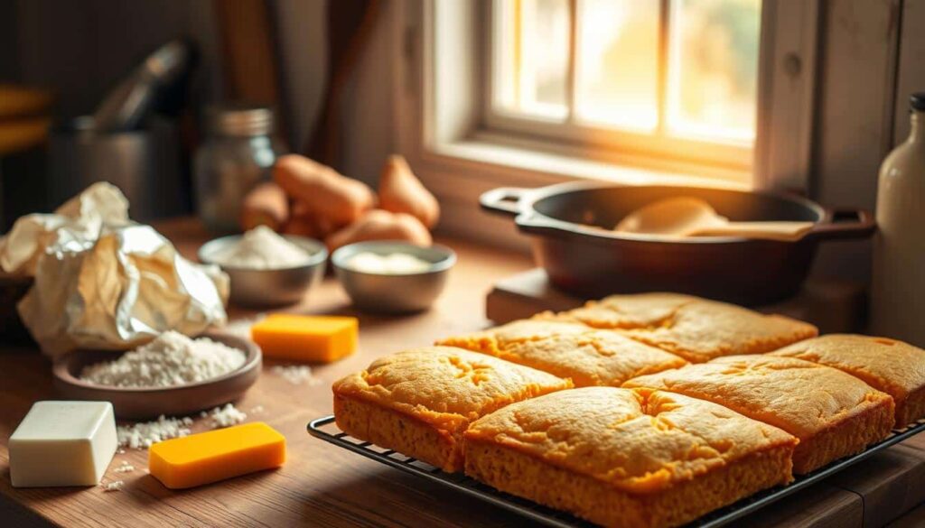 Moist and fluffy sweet potato cornbread served in a cast-iron skillet, accompanied by a side of maple syrup.