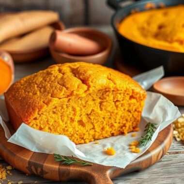 A slice of vibrant orange cornbread on a wooden platter with yellow cornmeal and sweet potatoes nearby.
