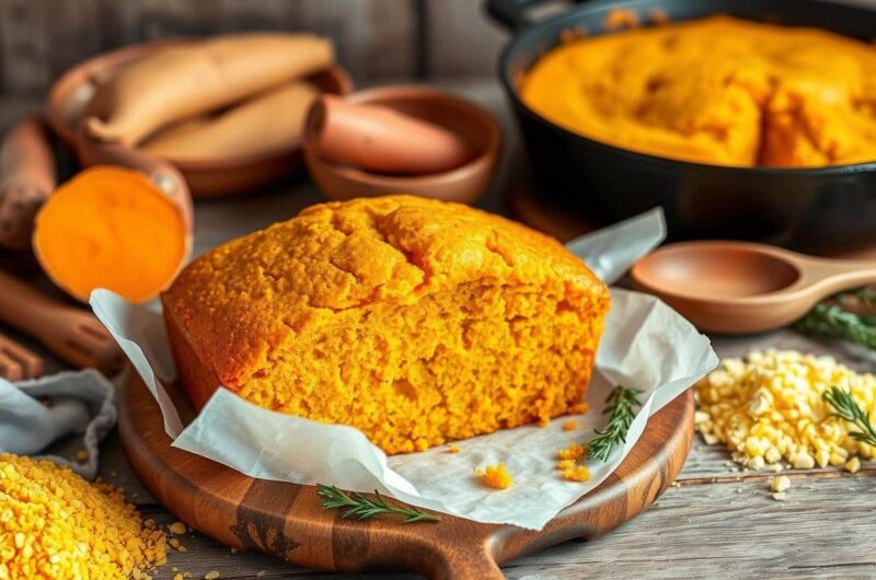 A slice of vibrant orange cornbread on a wooden platter with yellow cornmeal and sweet potatoes nearby.