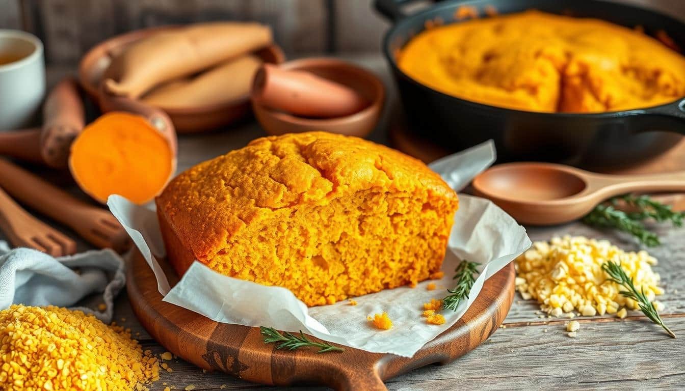 A slice of vibrant orange cornbread on a wooden platter with yellow cornmeal and sweet potatoes nearby.