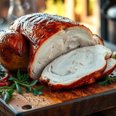 A beautifully cooked, sliced turkey rests on a wooden cutting board with herbs and sauces.