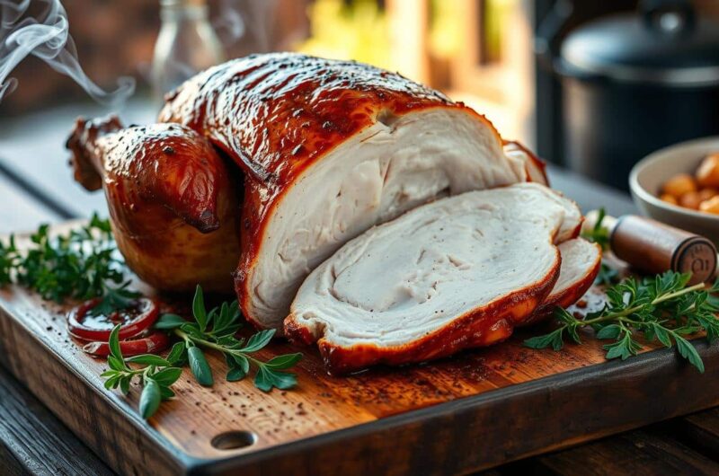 A beautifully cooked, sliced turkey rests on a wooden cutting board with herbs and sauces.
