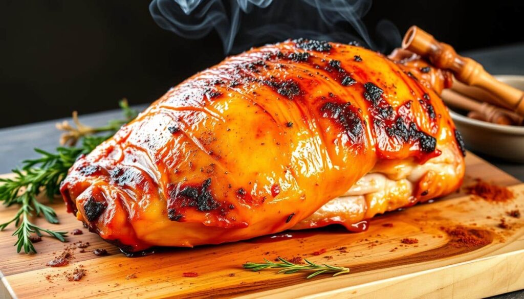 Close-up of a juicy, tender turkey breast with a golden-brown smoked crust, served on a rustic platter.