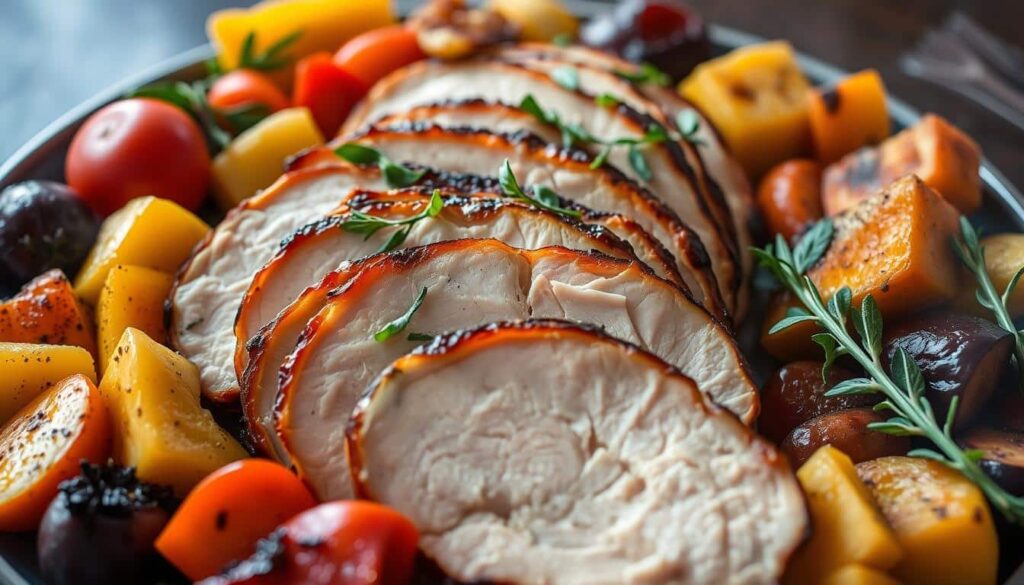 Smoked turkey breast being sliced with a knife, showcasing its moist interior and smoky outer layer.