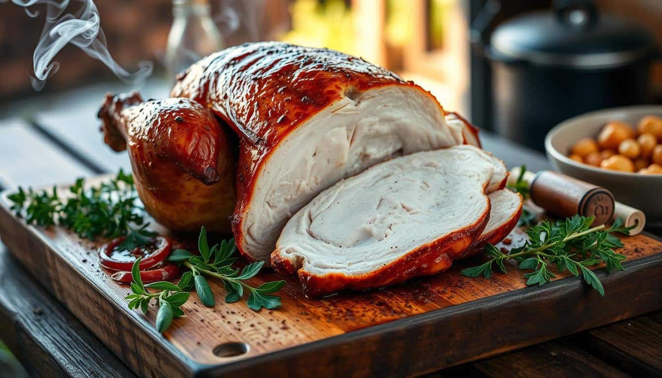 A beautifully cooked, sliced turkey rests on a wooden cutting board with herbs and sauces.