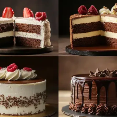 A collage of four delicious cakes with various designs and flavors.