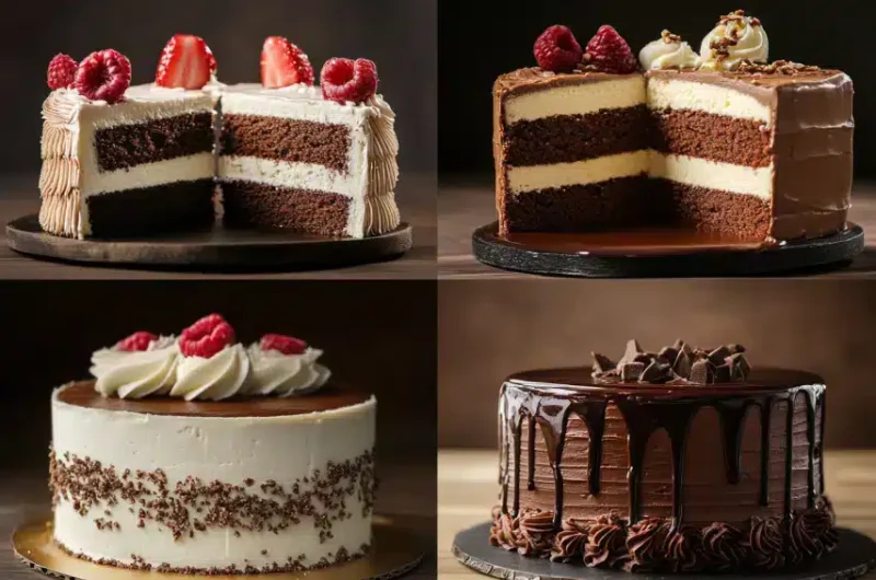 A collage of four delicious cakes with various designs and flavors.