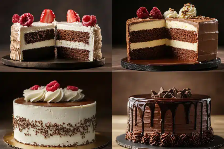 A collage of four delicious cakes with various designs and flavors.