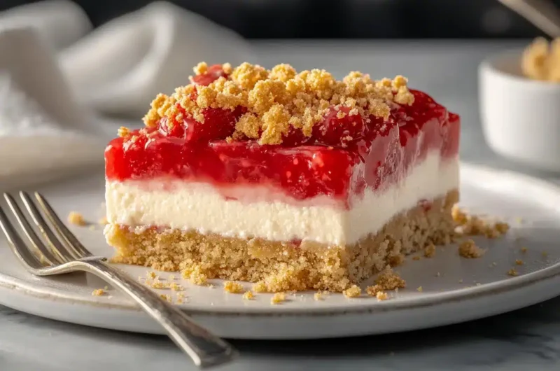 A slice of layered dessert sits on a white plate with a fork.