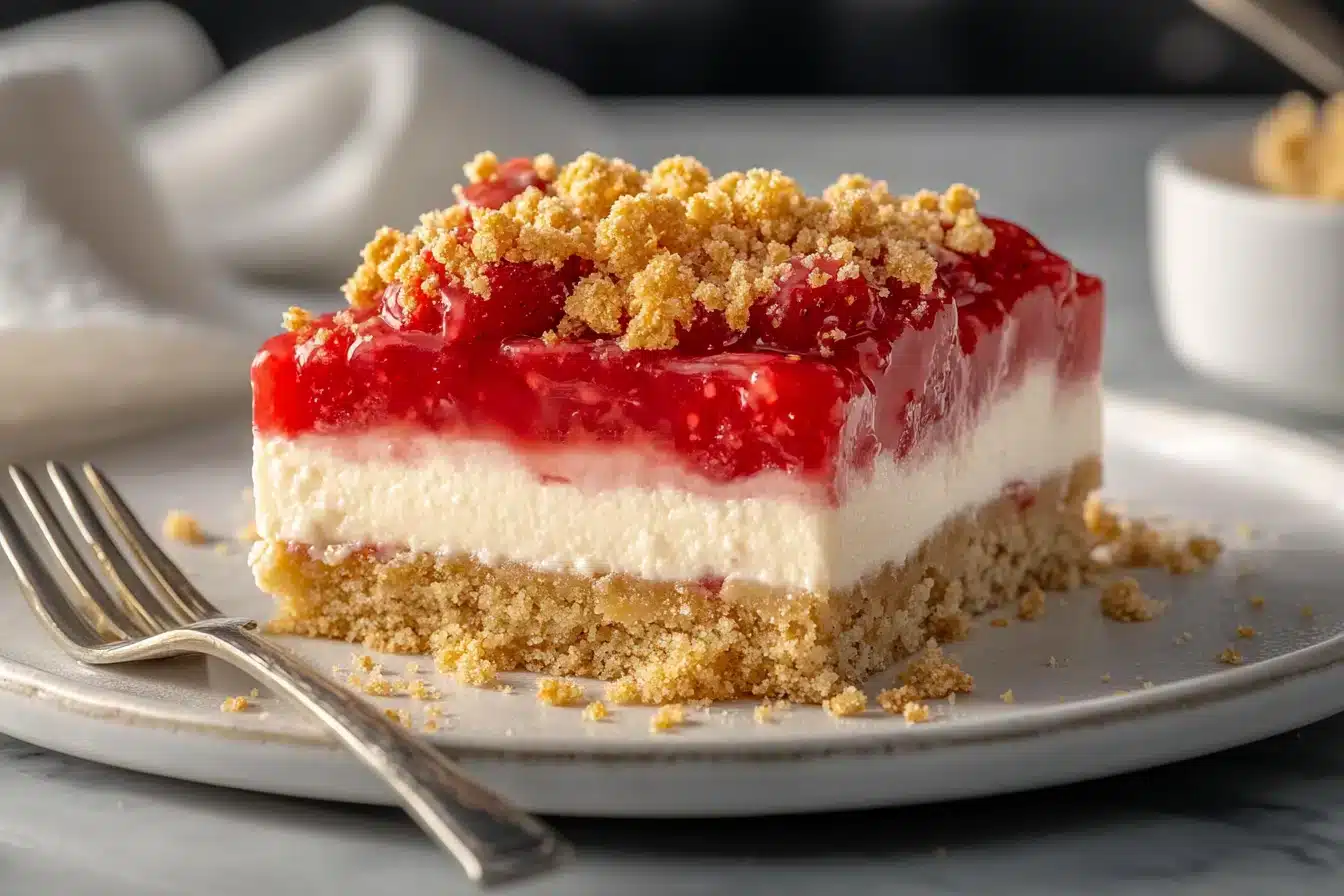 A slice of layered dessert sits on a white plate with a fork.