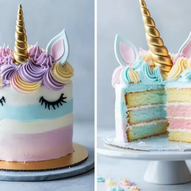 A unicorn cake decorated with pastel frosting and fondant ears and horn.
