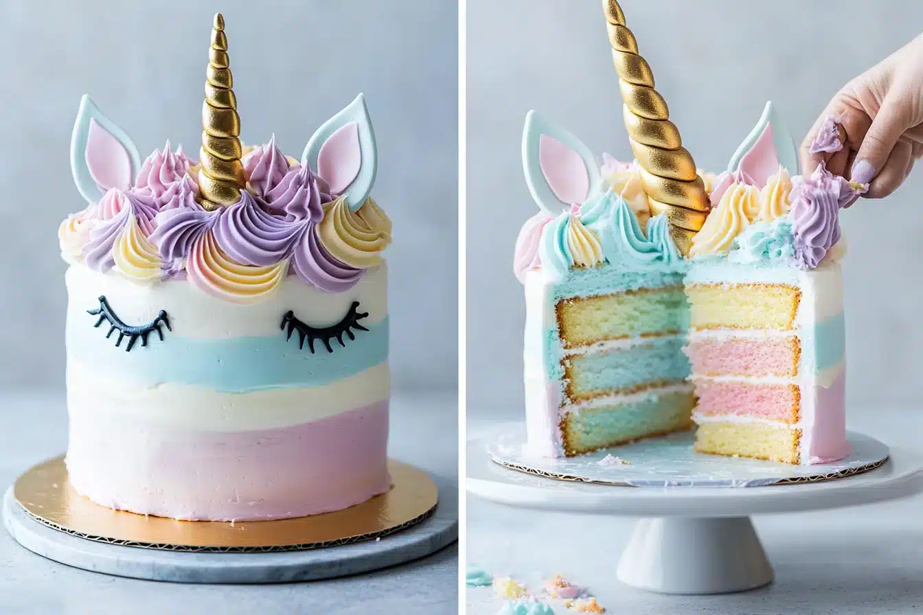 A unicorn cake decorated with pastel frosting and fondant ears and horn.