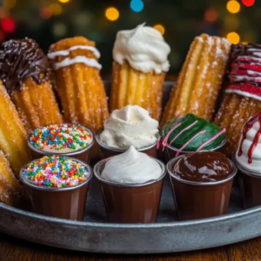 A platter featuring various churros and dipping sauces surrounded by colorful bokeh lights.