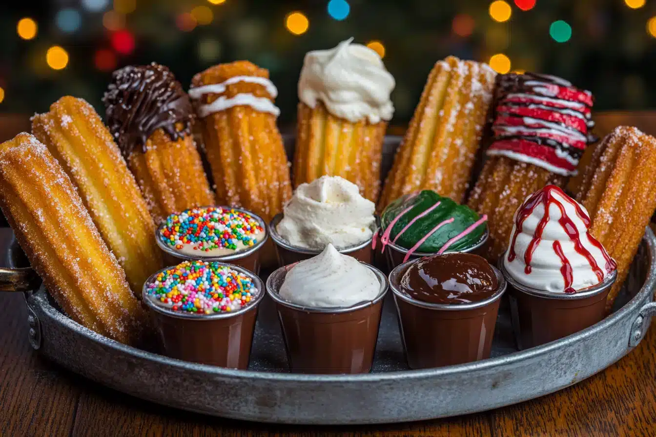 A platter featuring various churros and dipping sauces surrounded by colorful bokeh lights.