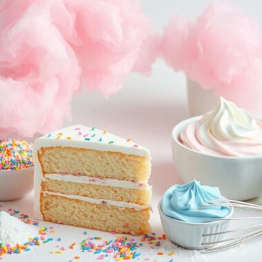 A slice of layered cake with sprinkles sits on a table surrounded by cotton candy, frosting, and baking ingredients.